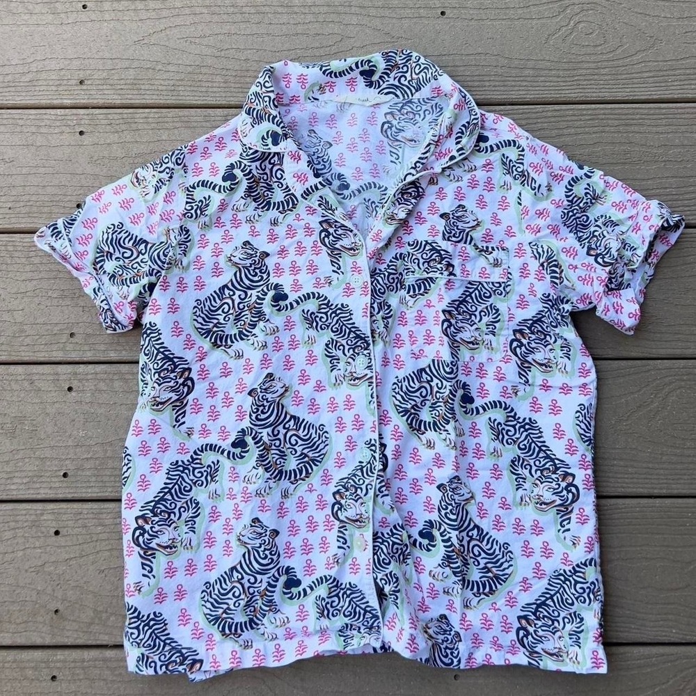 Print Fresh Anthropologie Tiger Queen Pajama Shirt 100% Organic Cotton Sz‎ Small